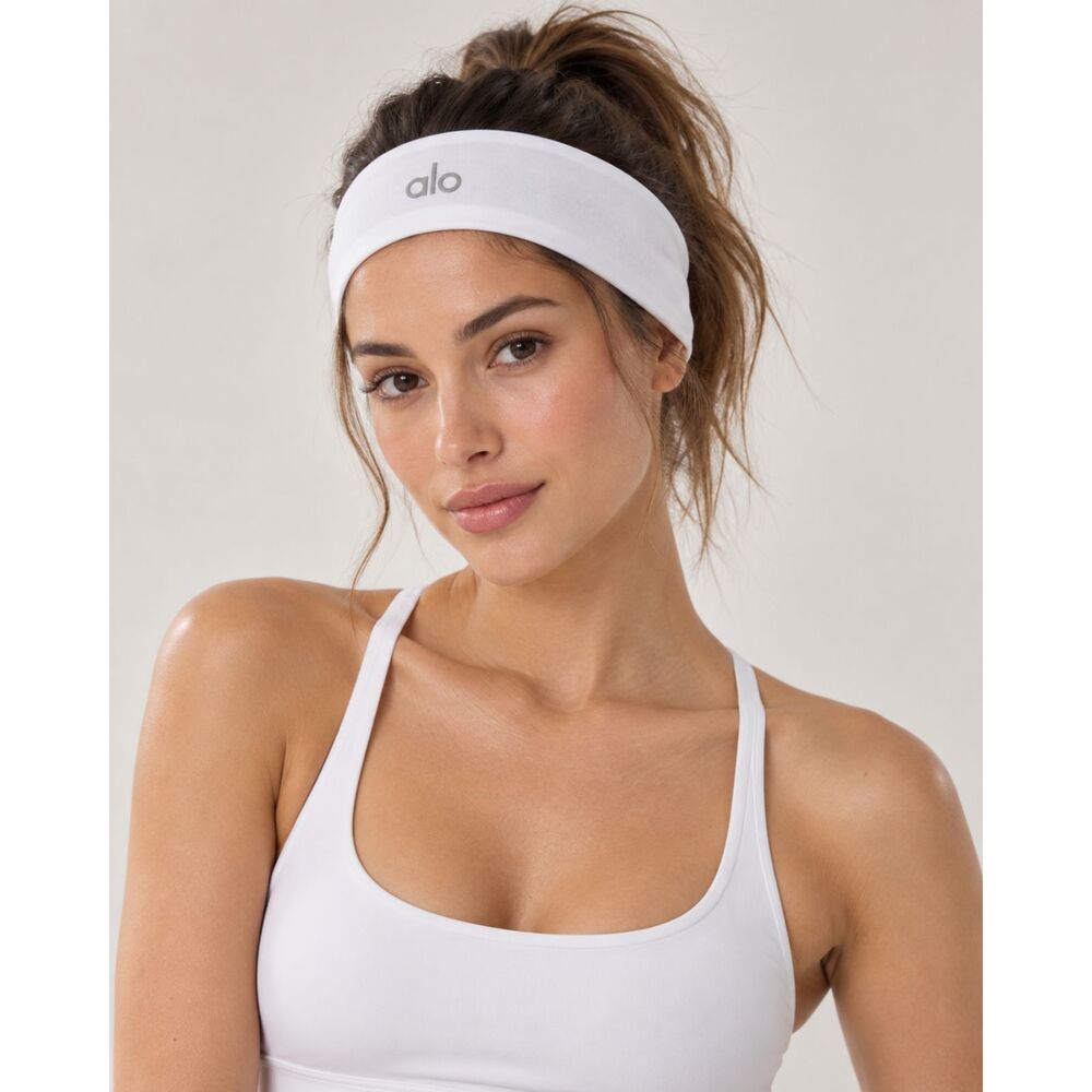 Alo Yoga White Headband One Size Logo Stretch Workout Running Yoga